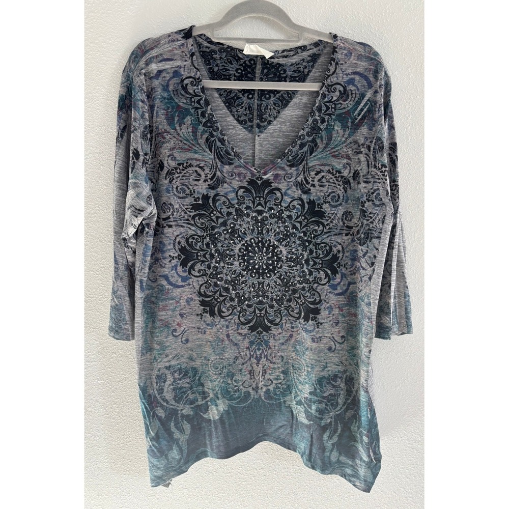 Exclusive One Top 2XL Gray Sharkbite Hem Fairy Rhinestone‎ Stretch Artsy Boho